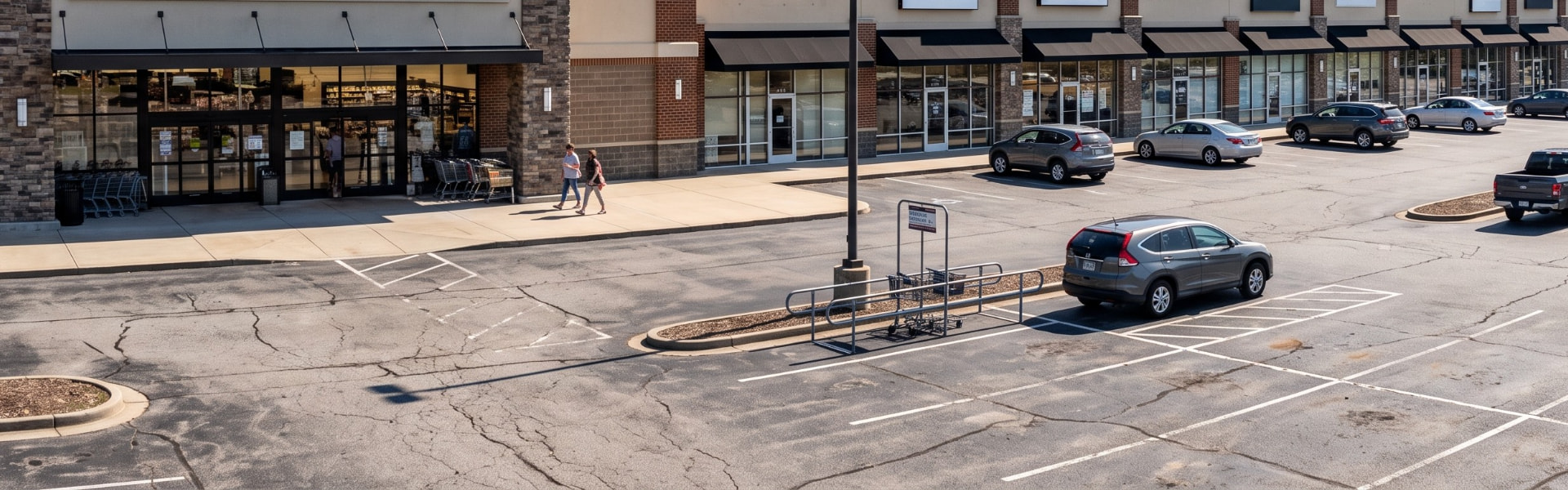 Grocery-anchored neighborhood retail center with storefronts and parking lot